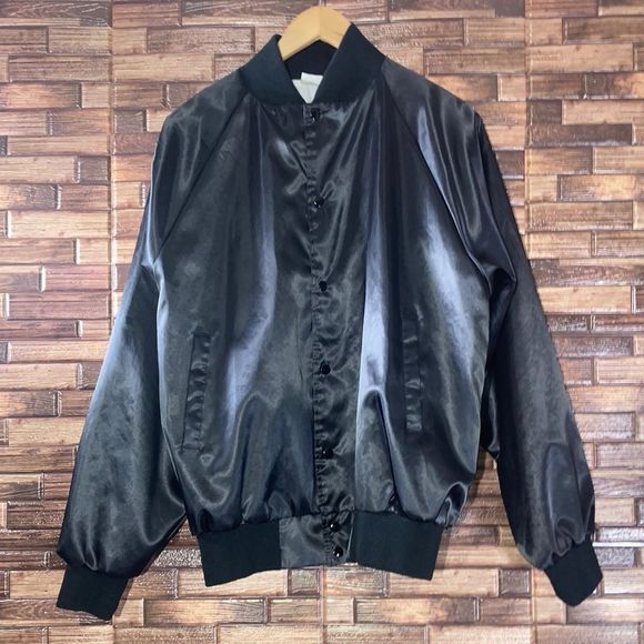 Vtg 80’s Auburn Sportswear Large Black & White Unisex Satin BomberJacket W/ Logo - Picture 1 of 9